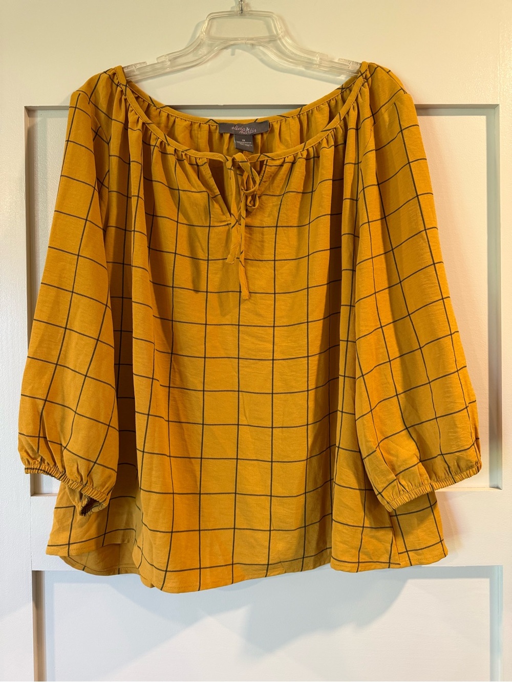 Mustard Windowpane Peasant Top with Tie Neck